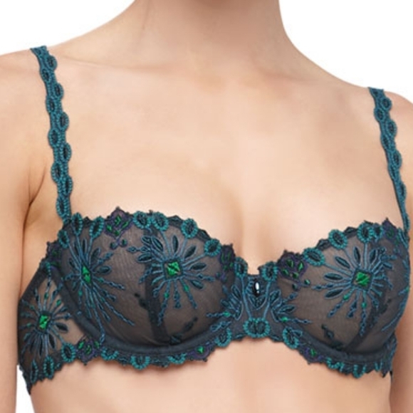 Chantelle Vendome Demi Bra In Eden Green Lace With Mesh Tear Drop Gem Size 34D.. - Picture 1 of 15